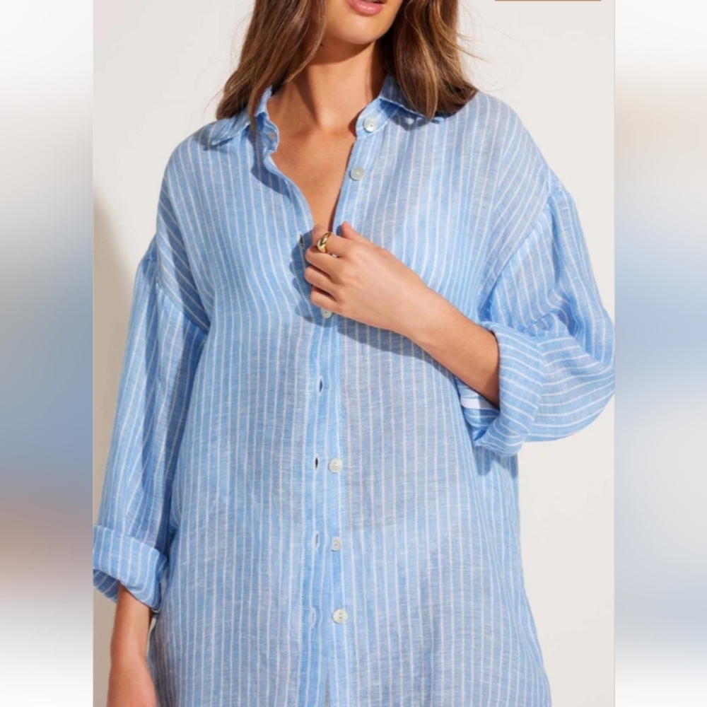 Vitamin A Playa Linen Boyfriend Shirt Summer Stripe EcoLinen M - Picture 16 of 16